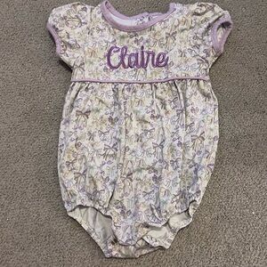 Monogrammed “Claire” bubble, 12 months, purple bows. Jellybean brand.